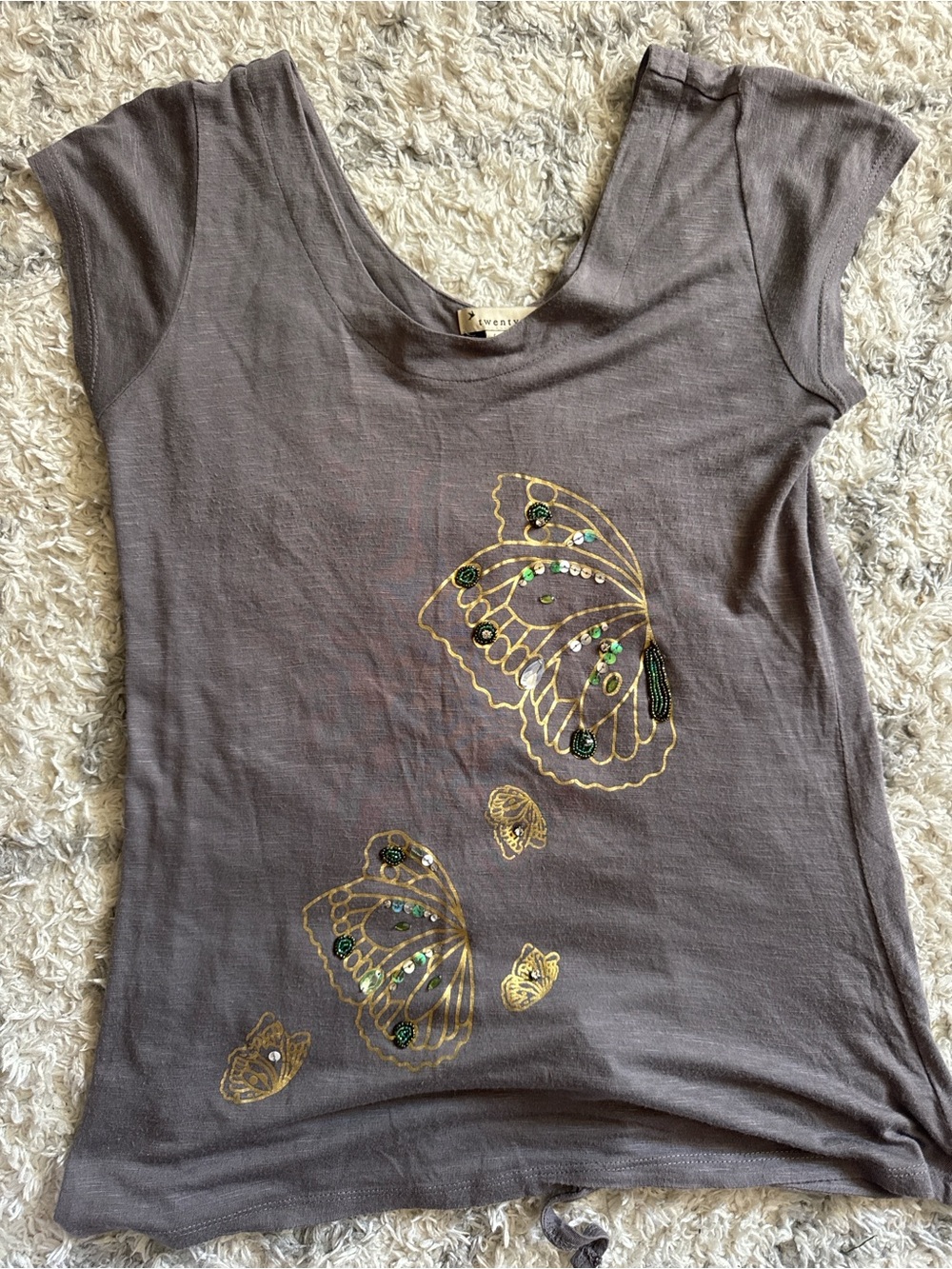 Vintage Forever 21 Gray Tee with Gold Butterfly Embellishment